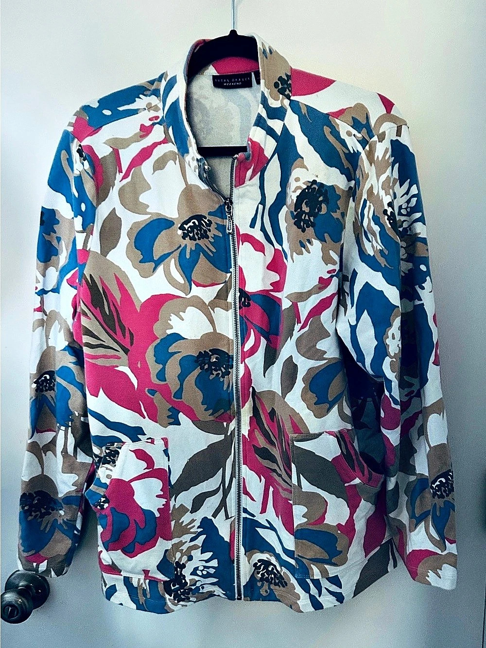 Susan Graver Weekend Floral Jacket Blue & Pink XL
